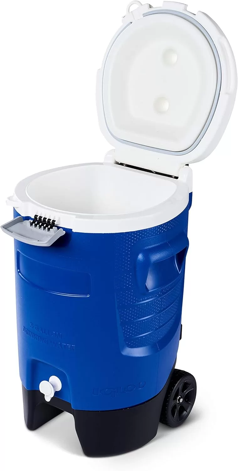 Igloo 5 Gallon Wheeled Portable Sports Cooler Water Beverage Dispenser with Flat Seat Lid, Blue