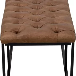 HomePop Faux Leather Button Tufted Decorative Bench with Metal Base, Brown