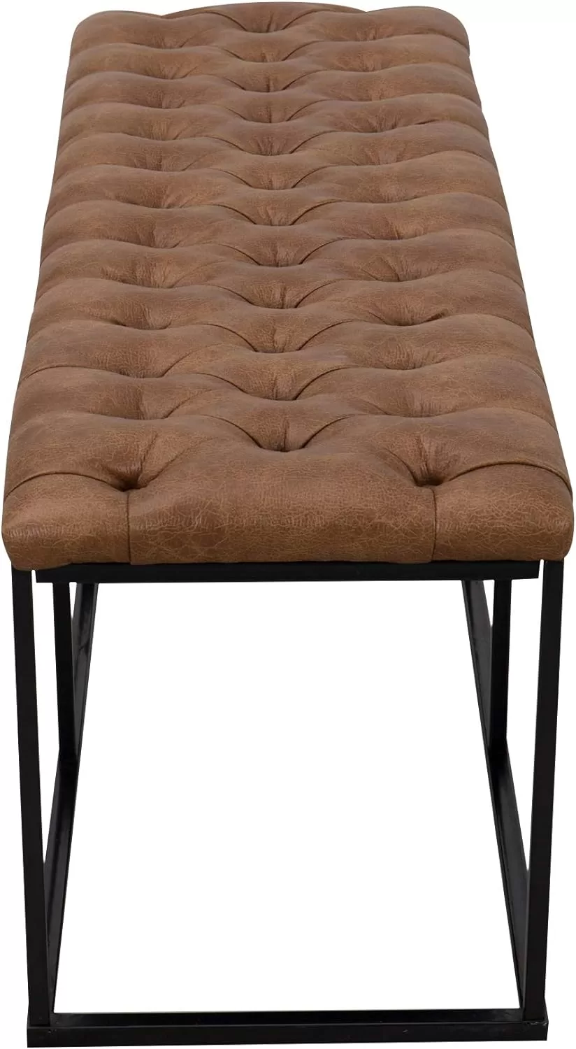 HomePop Faux Leather Button Tufted Decorative Bench with Metal Base, Brown