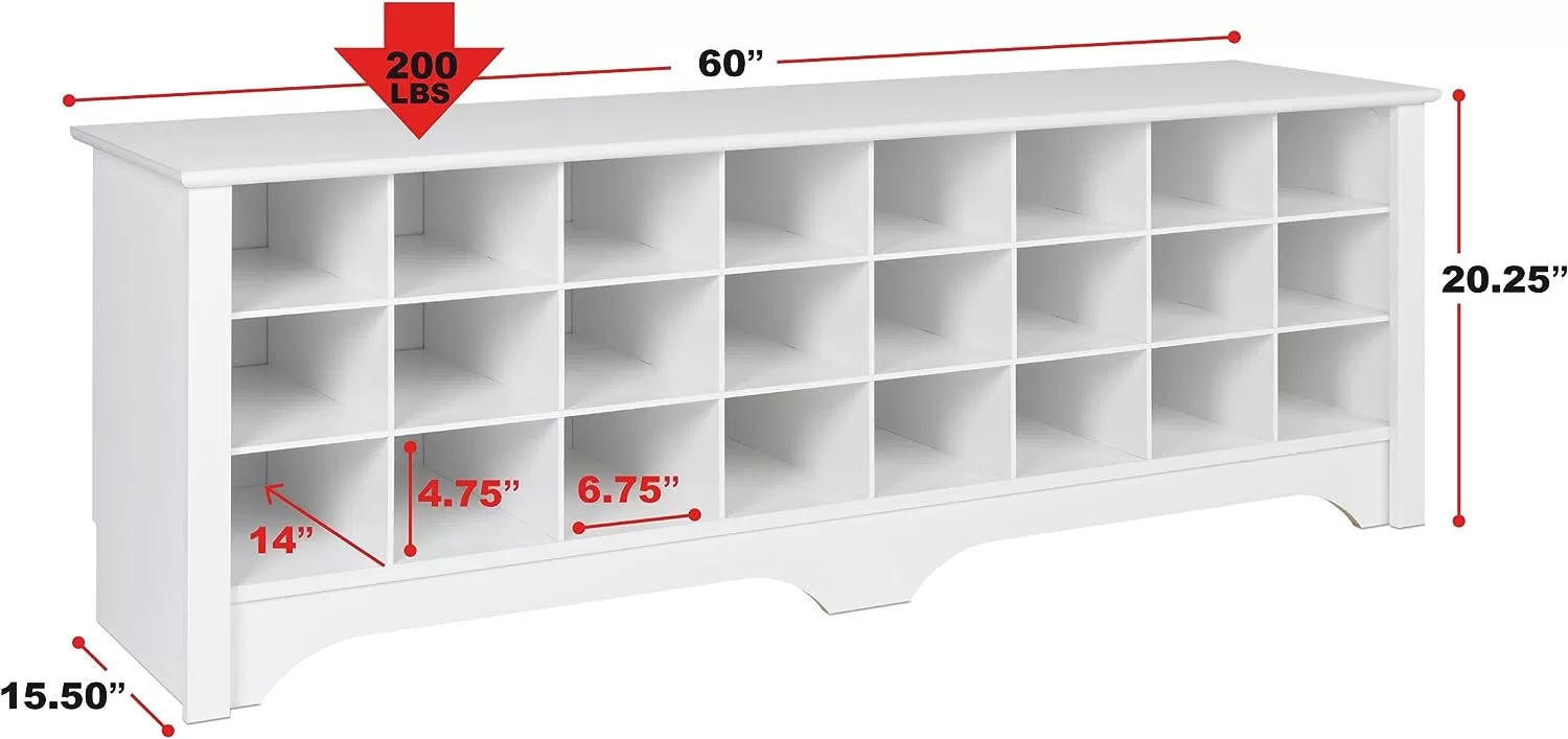 Prepac 24 Shoe Cubby Wide Hall Bench, 15.5" D x 60" W x 20.25" H, White