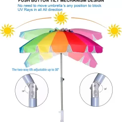 AMMSUN 7.5ft Heavy Duty HIGH Wind Beach Umbrella with sand anchor & Tilt Sun Shelter (Rainbow)