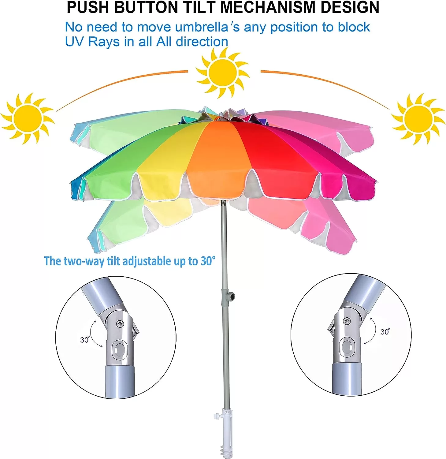 AMMSUN 7.5ft Heavy Duty HIGH Wind Beach Umbrella with sand anchor & Tilt Sun Shelter (Rainbow)