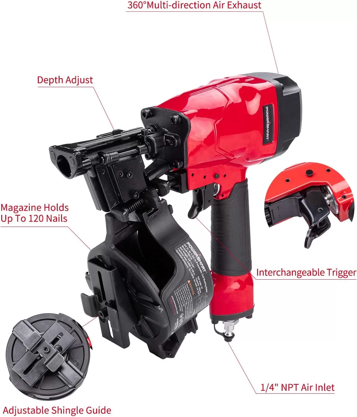 PowerSmart Roofing Nailer, 15 Degree Roofing Nail Gun with Safety Goggles