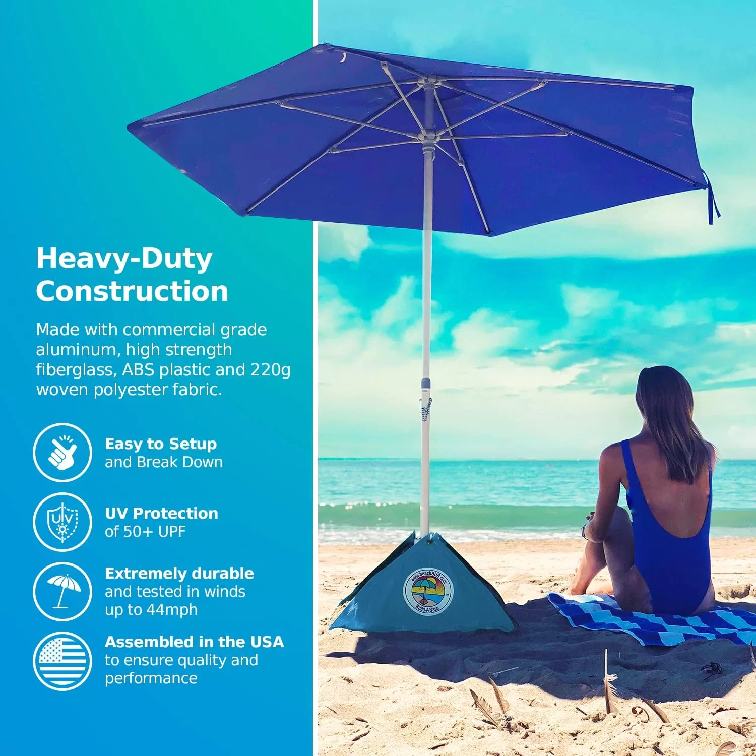 BEACHBUB All-In-One Beach Umbrella System. Includes 7.5 foot (50+ UPF) Umbrella, Oversize Bag, Base & Accessory Kit