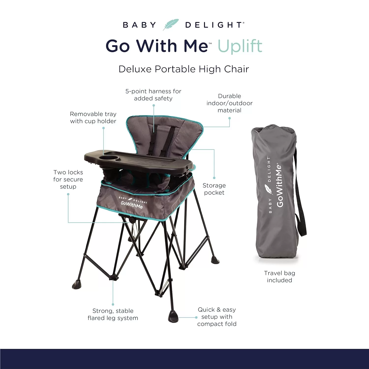 Baby Delight Go with Me Uplift Deluxe Portable High Chair | Indoor and Outdoor | Teal and Grey