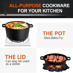 Overmont 2 in 1 Pre Seasoned Dutch Oven with Skillet Lid for Induction, Electric, Grill, Stovetop, BBQ, Camping (5 Quart)