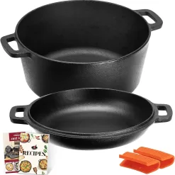 Overmont 2 in 1 Pre Seasoned Dutch Oven with Skillet Lid for Induction, Electric, Grill, Stovetop, BBQ, Camping (5 Quart)