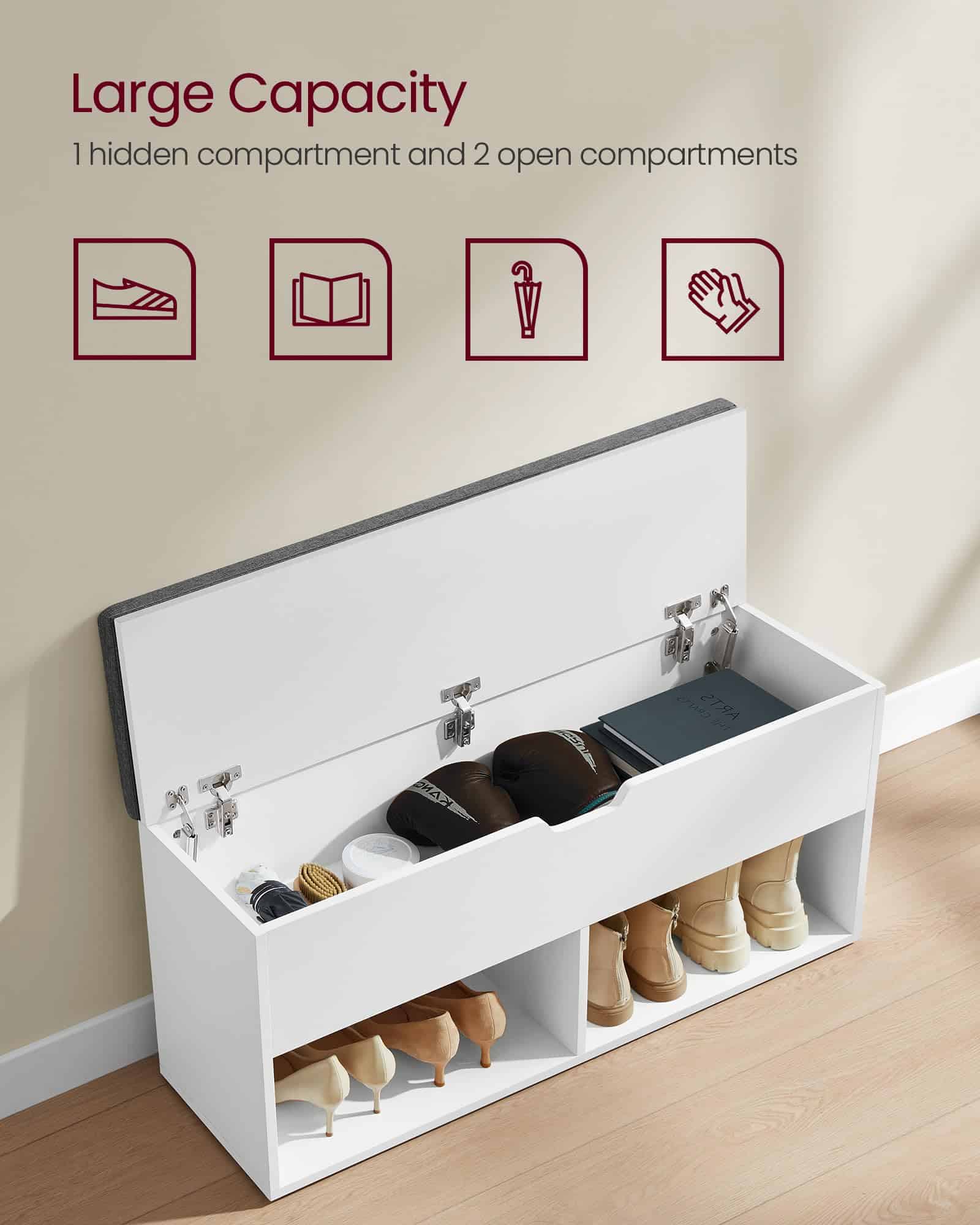 VASAGLE Shoe Bench, Storage Bench with 2 Open and 1 Closed Compartments, White and Gray ULHS021W01 - Image 3