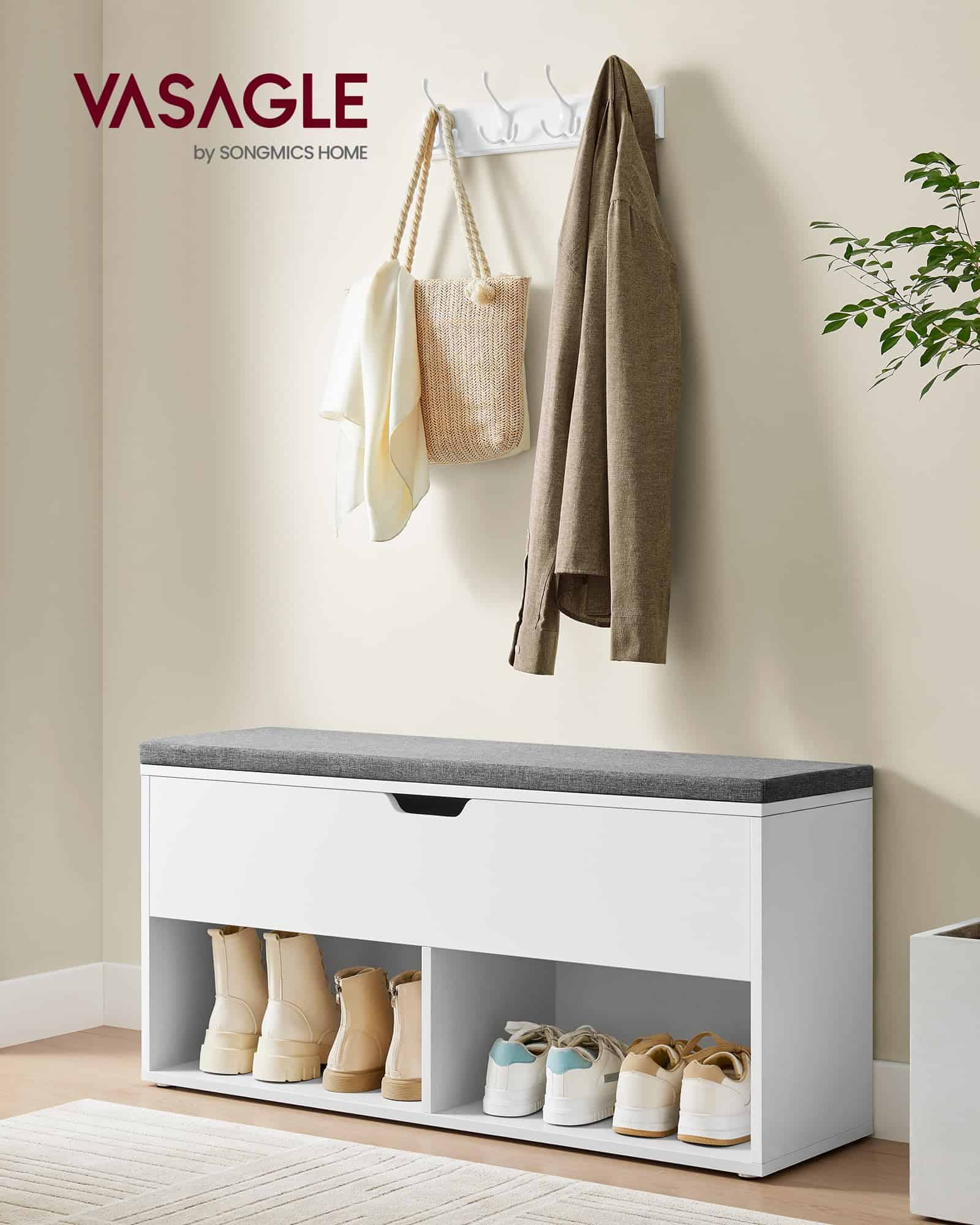 VASAGLE Shoe Bench, Storage Bench with 2 Open and 1 Closed Compartments, White and Gray ULHS021W01 - Image 6