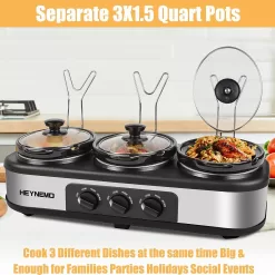 Triple Slow Cooker, 3×1.5 QT Buffet Servers and Warmers, 3 Pots Buffet Slow Cooker
