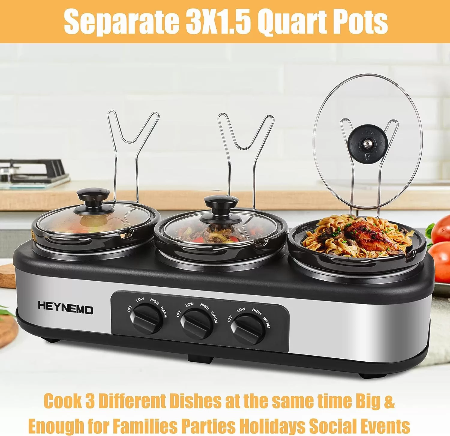Triple Slow Cooker, 3×1.5 QT Buffet Servers and Warmers, 3 Pots Buffet Slow Cooker