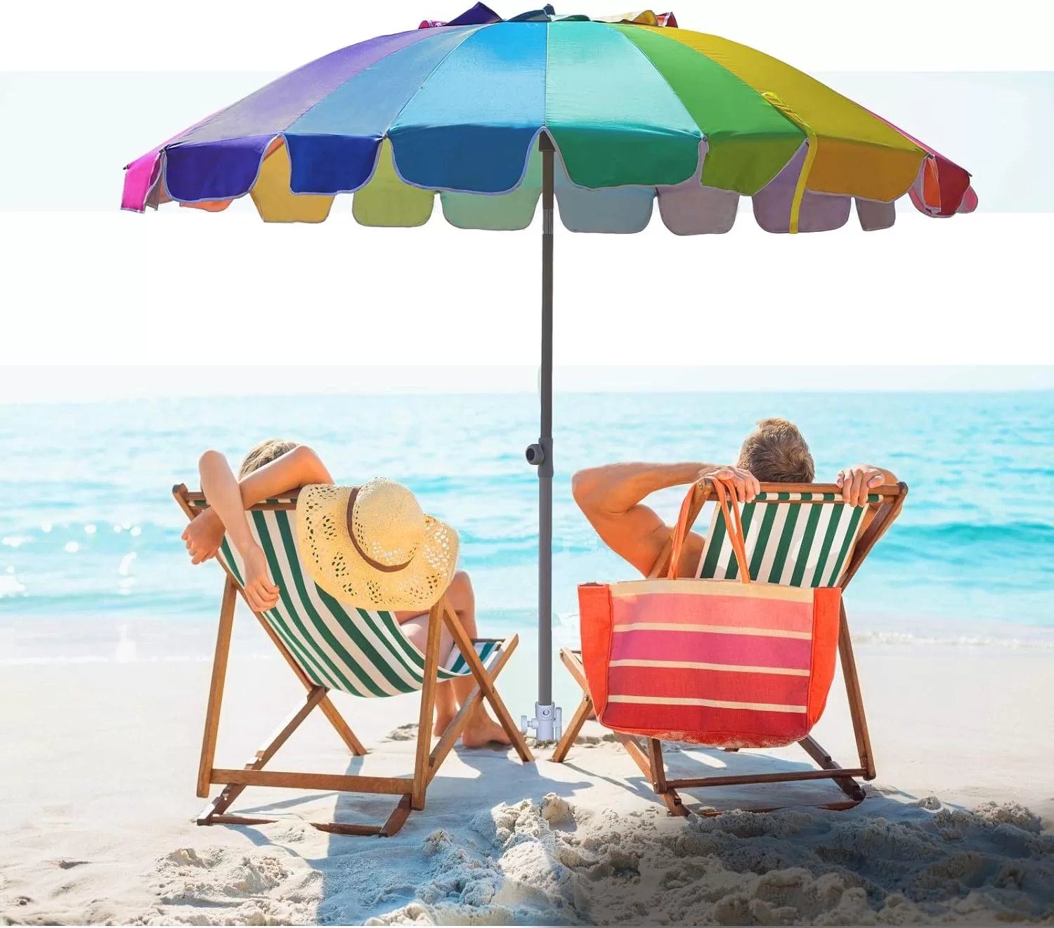 AMMSUN 7.5ft Heavy Duty HIGH Wind Beach Umbrella with sand anchor & Tilt Sun Shelter (Rainbow)