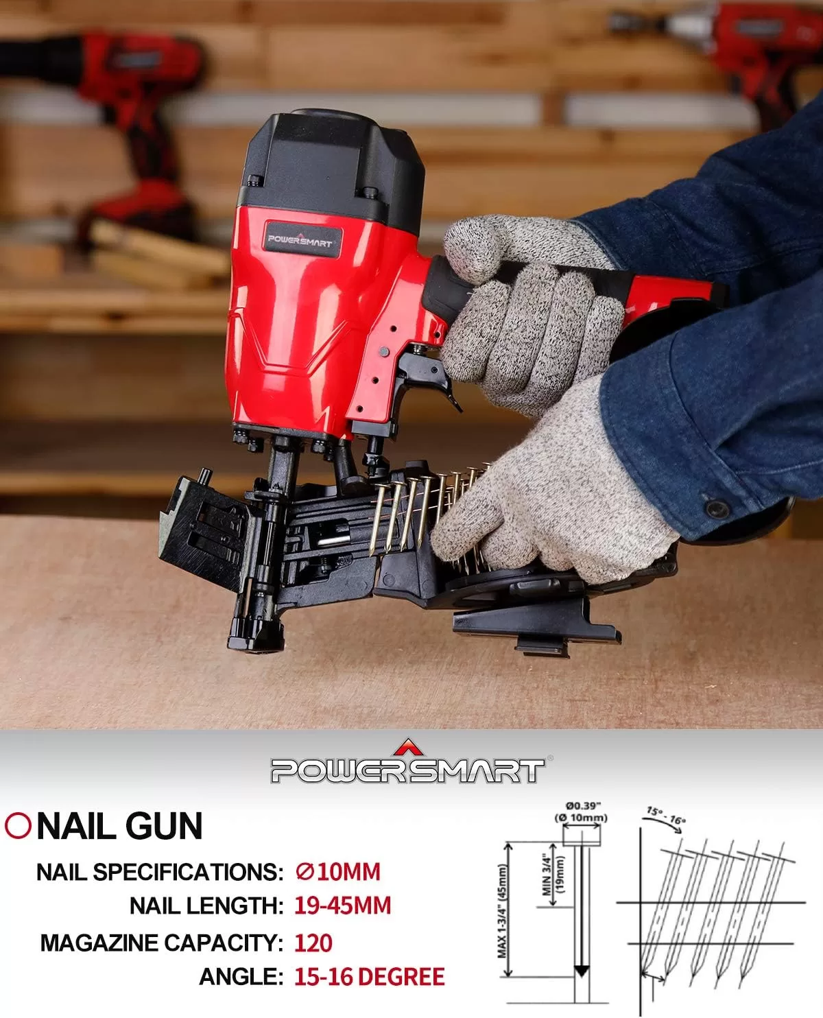 PowerSmart Roofing Nailer, 15 Degree Roofing Nail Gun with Safety Goggles