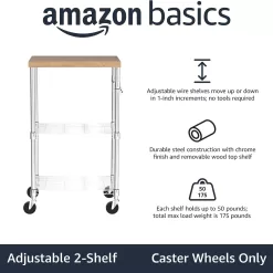 Amazon Basics Kitchen Storage Microwave Rack Cart on Caster Wheels with Adjustable Shelves, Wood/Chrome