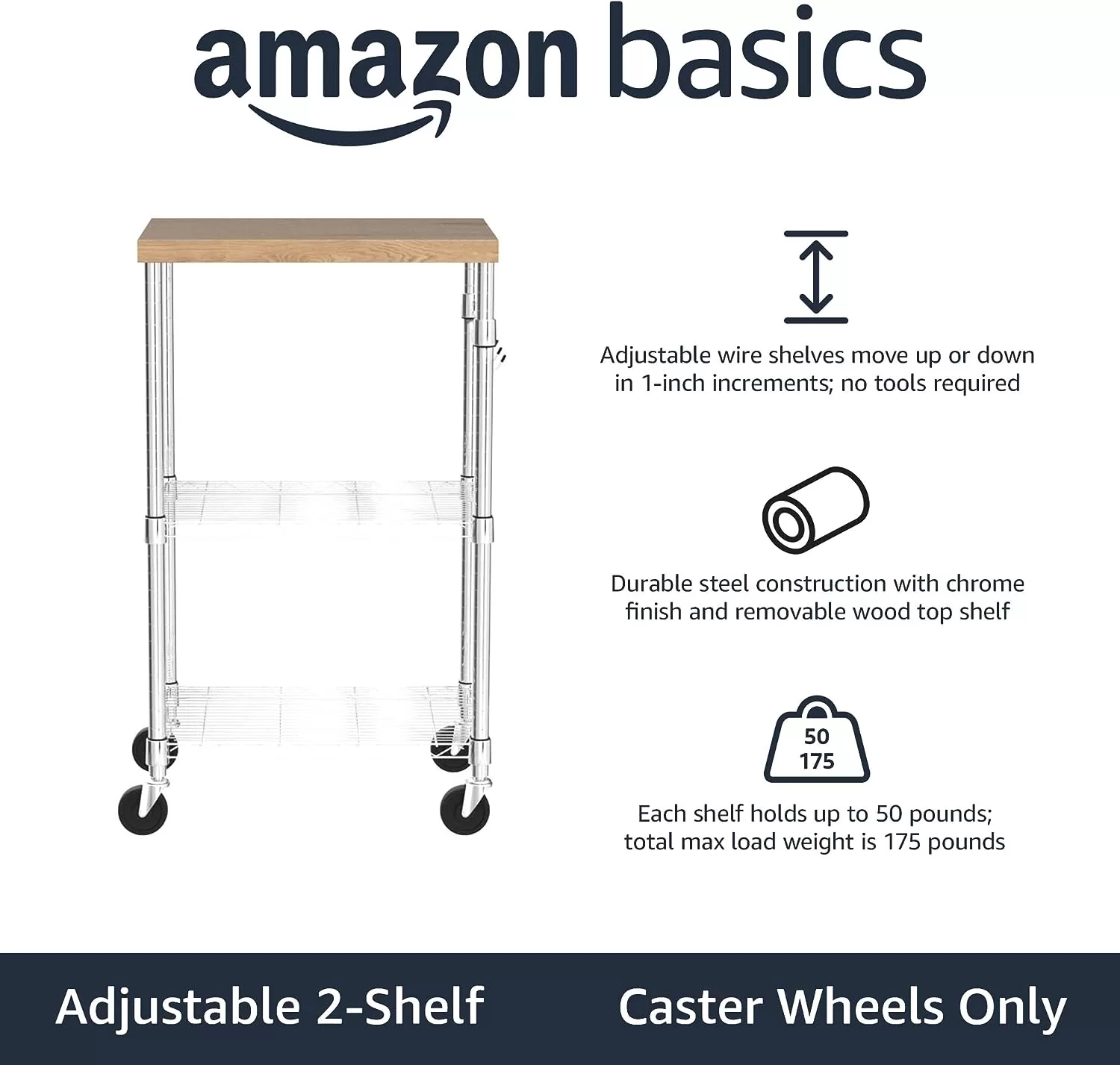 Amazon Basics Kitchen Storage Microwave Rack Cart on Caster Wheels with Adjustable Shelves, Wood/Chrome