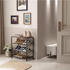 HOMEFORT 4-Tier Metal Shoe Rack, All-Metal Shoe Tower,Shoe Storage Shelf with MDF Top Board, Rustic Brown
