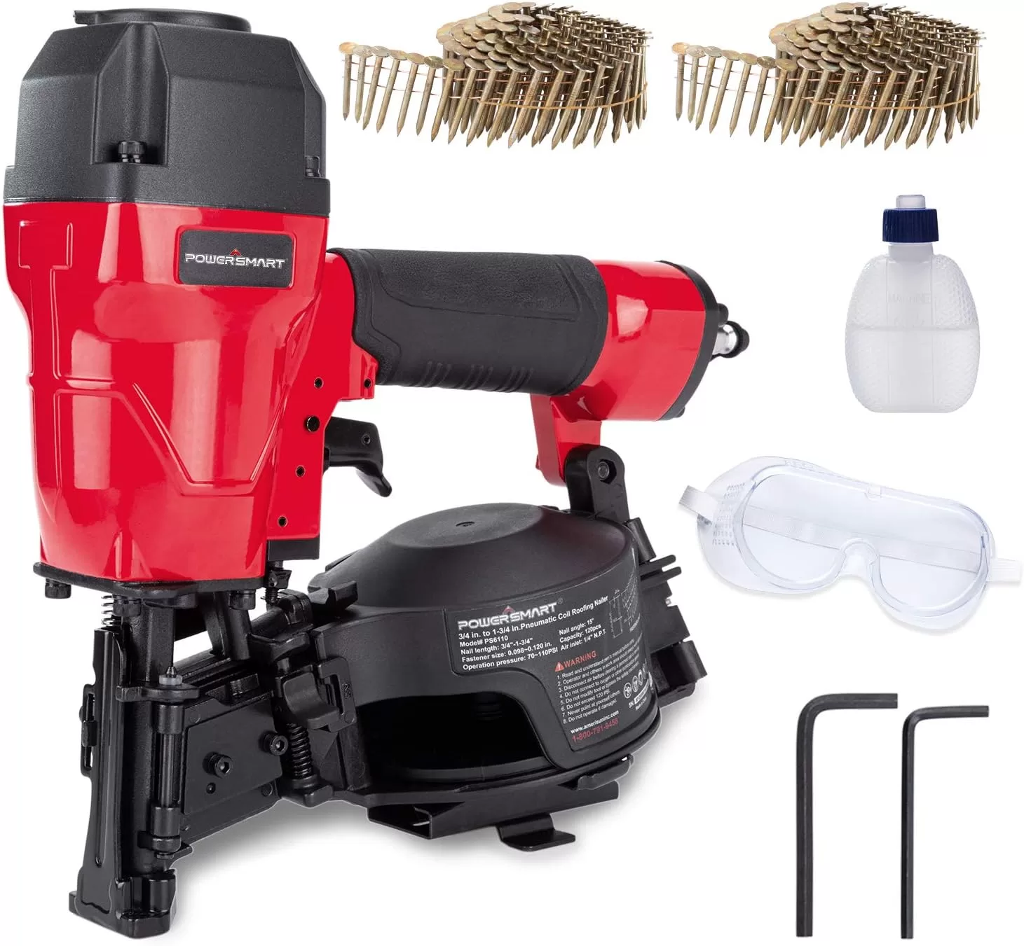 PowerSmart Roofing Nailer, 15 Degree Roofing Nail Gun with Safety Goggles
