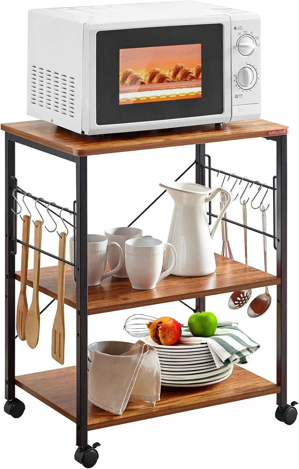 Mr Ironstone Kitchen Stand Microwave Cart 23.7'' for Small Space, Coffee Bar Table 3-Tier Rolling Utility Microwave Oven Rack on Wheels, Vintage