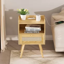 SUPERJARE Nightstands Set of 2, Night Stands with Charging Station & PE Rattan Decor Drawer - Natural
