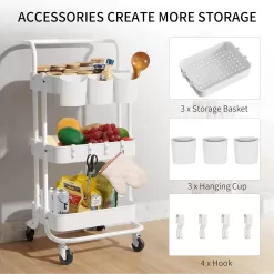 ALVOROG 3-Tier Rolling Utility Cart Storage Shelves Multifunction Storage Trolley Service Cart (White)