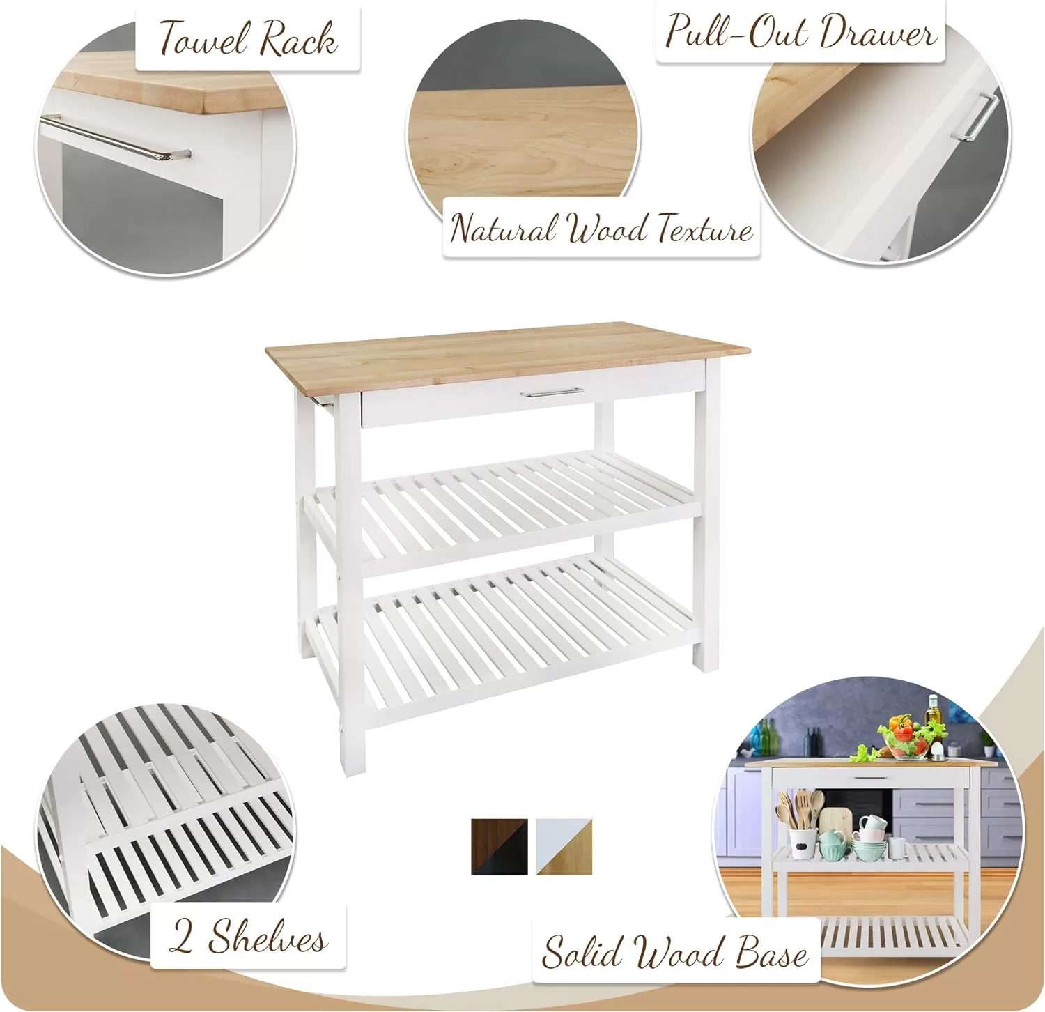 Casual Home Solid Hardwood Top, Natural/White, 40" W (373-91) Kitchen Island, Natural&White