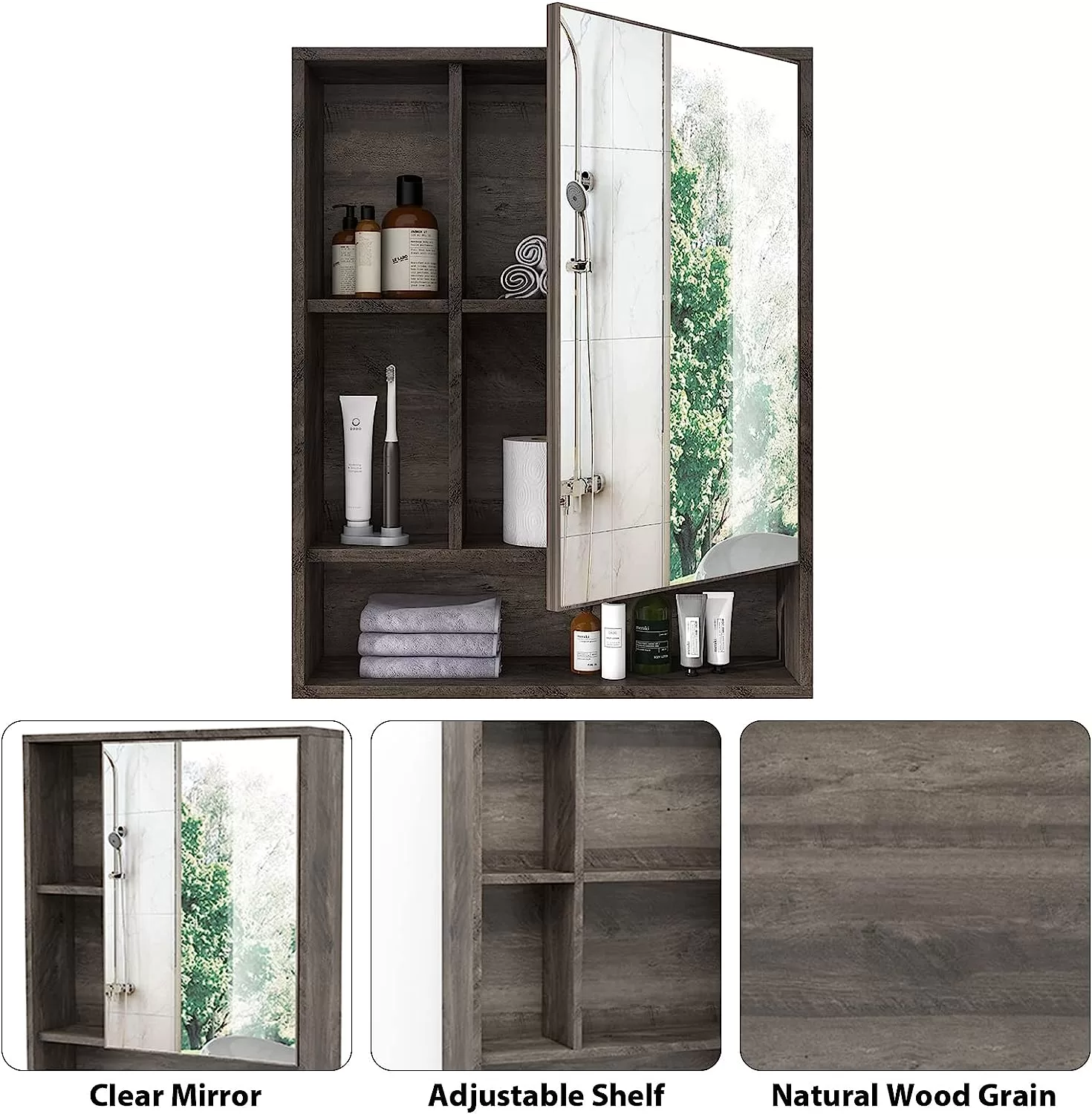 ChooChoo Bathroom Wall Mirror Cabinet, Medicine Cabinet, Grey