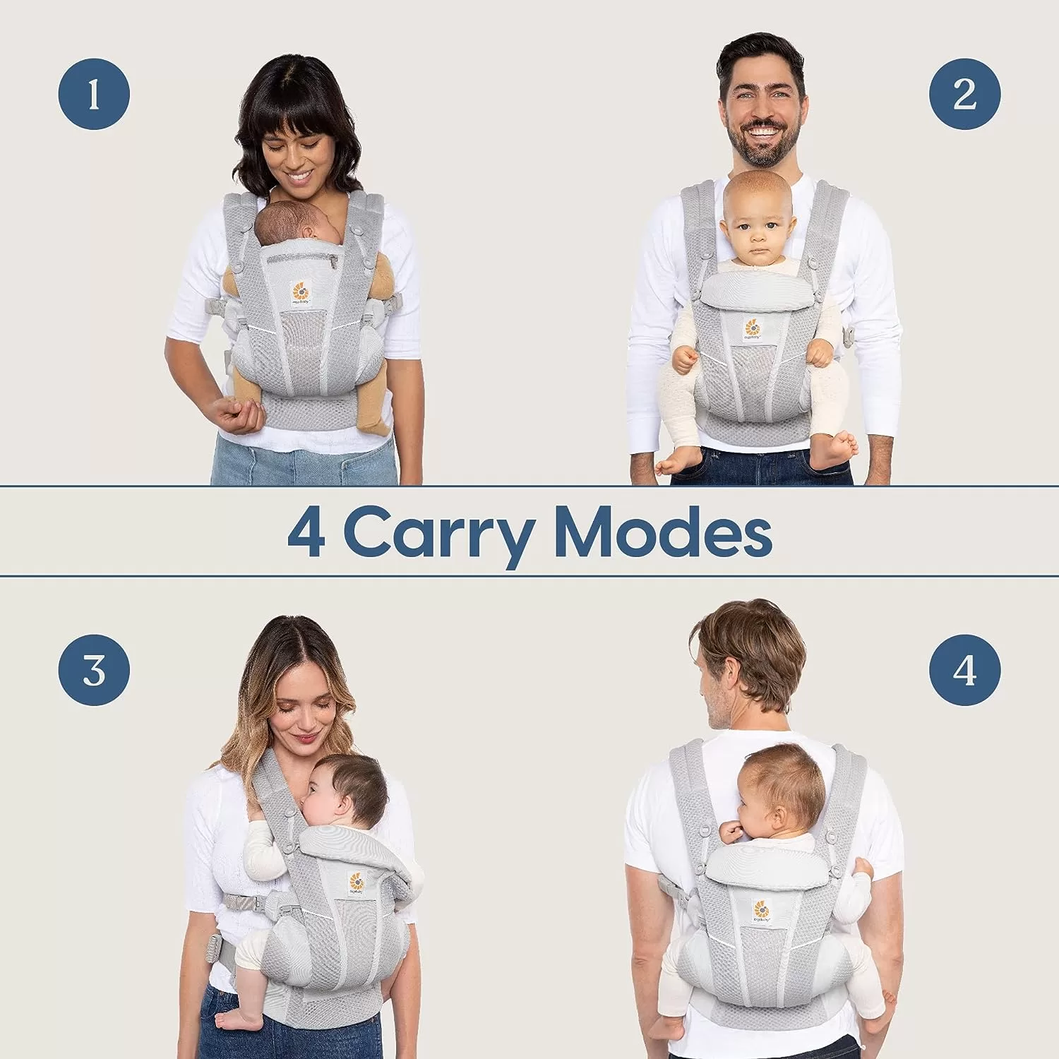 Ergobaby All Carry Positions Breathable Mesh Baby Carrier with Enhanced Lumbar Support & Airflow (7-45 Lb), Omni Breeze, Pearl Grey