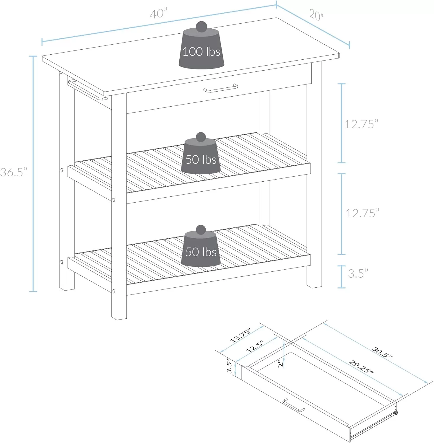 Casual Home Solid Hardwood Top, Natural/White, 40" W (373-91) Kitchen Island, Natural&White