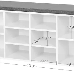 VASAGLE Shoe Bench with Cushion, Storage Bench with Padded Seat, Entryway Bench, White and Gray ULHS10WT