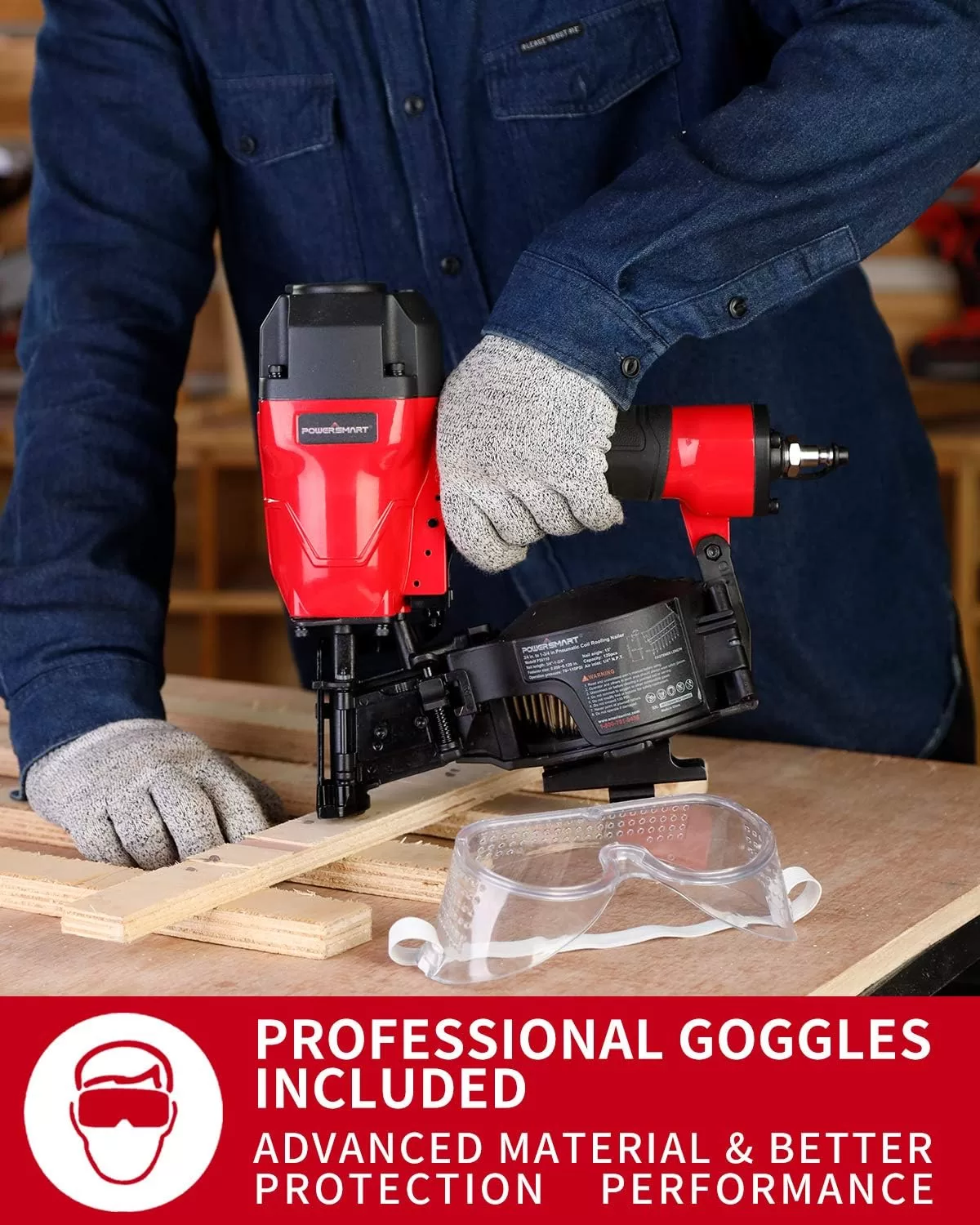 PowerSmart Roofing Nailer, 15 Degree Roofing Nail Gun with Safety Goggles