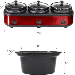 Elite Platinum EWMST-325R Maxi-Matic Triple Slow Cooker Buffet Server Adjustable Temp, Lid Rests, 3 x 2.5 Qt Capacity, Red