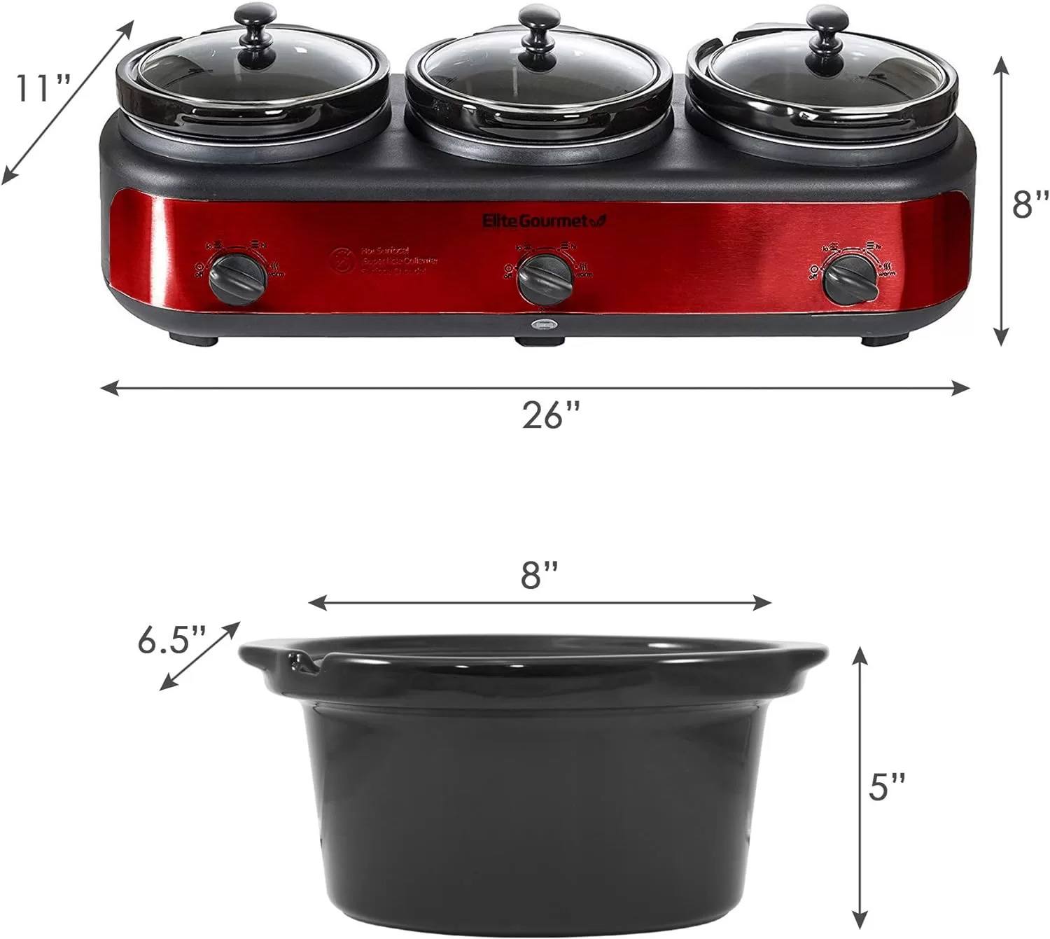 Elite Platinum EWMST-325R Maxi-Matic Triple Slow Cooker Buffet Server Adjustable Temp, Lid Rests, 3 x 2.5 Qt Capacity, Red