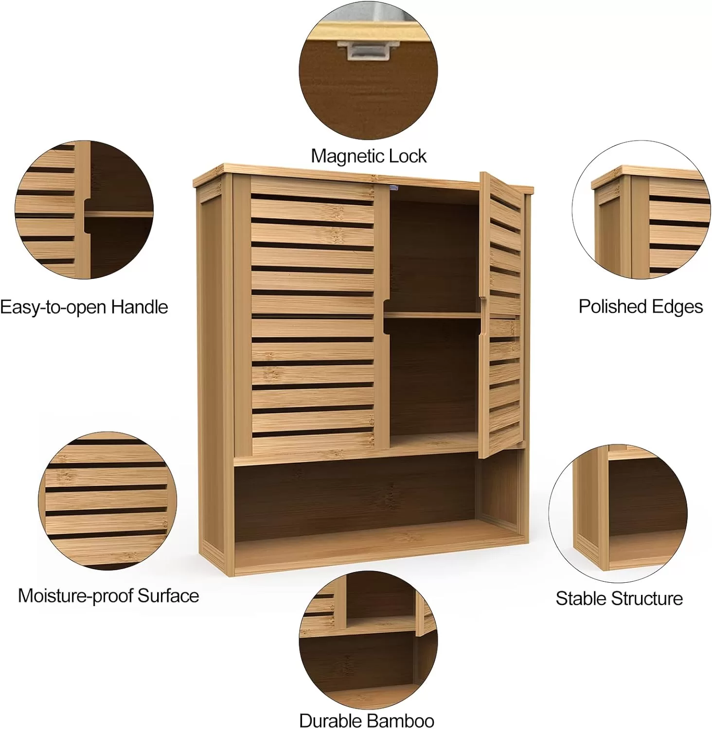 Purbambo Bathroom Wall Cabinet, Bamboo Wall Mount Medicine Cabinet Storage Organizer, Double Doors & 3 Tier Adjustable Shelf