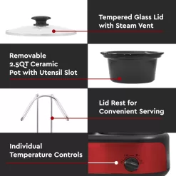 Elite Platinum EWMST-325R Maxi-Matic Triple Slow Cooker Buffet Server Adjustable Temp, Lid Rests, 3 x 2.5 Qt Capacity, Red
