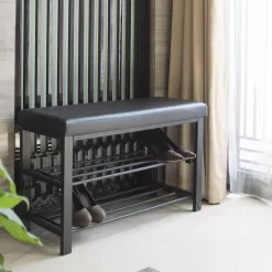 Finnhomy Entryway Shoe Rack with Cushioned Seat, Shoe Bench for Entry, Black
