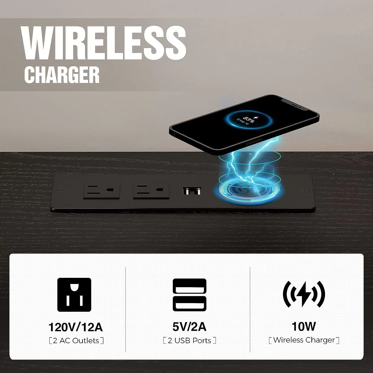 Seventable Nightstand with Wireless Charging Station and LED Lights, Black