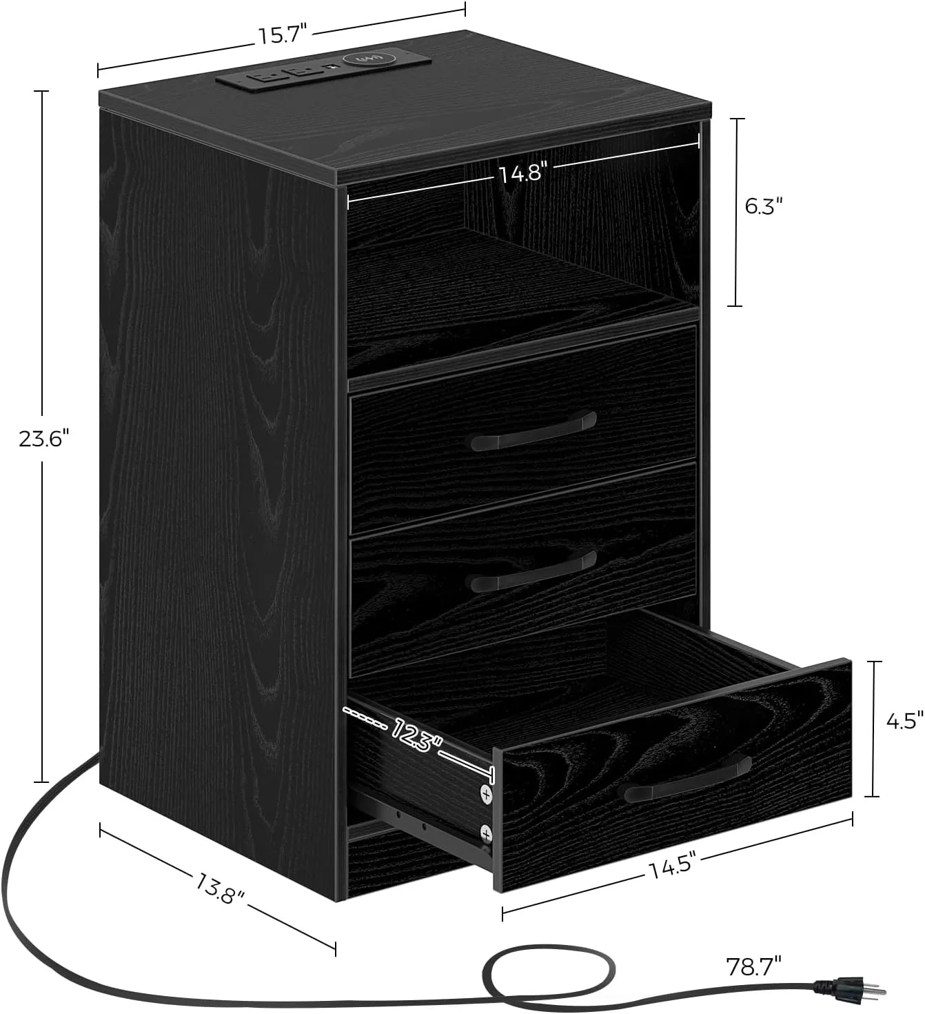 Seventable Nightstand with Wireless Charging Station and LED Lights, Black