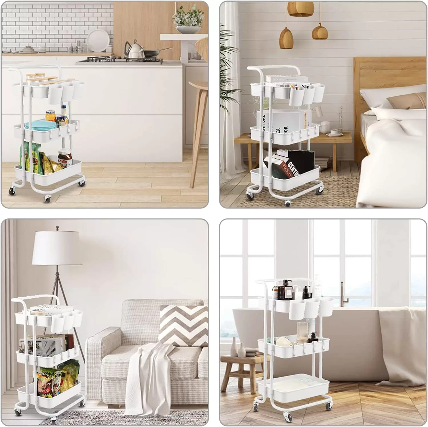 ALVOROG 3-Tier Rolling Utility Cart Storage Shelves Multifunction Storage Trolley Service Cart (White)
