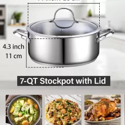 Cooks Standard Dutch Oven Casserole with Glass Lid, 7-Quart Classic Stainless Steel Stockpot, Silver