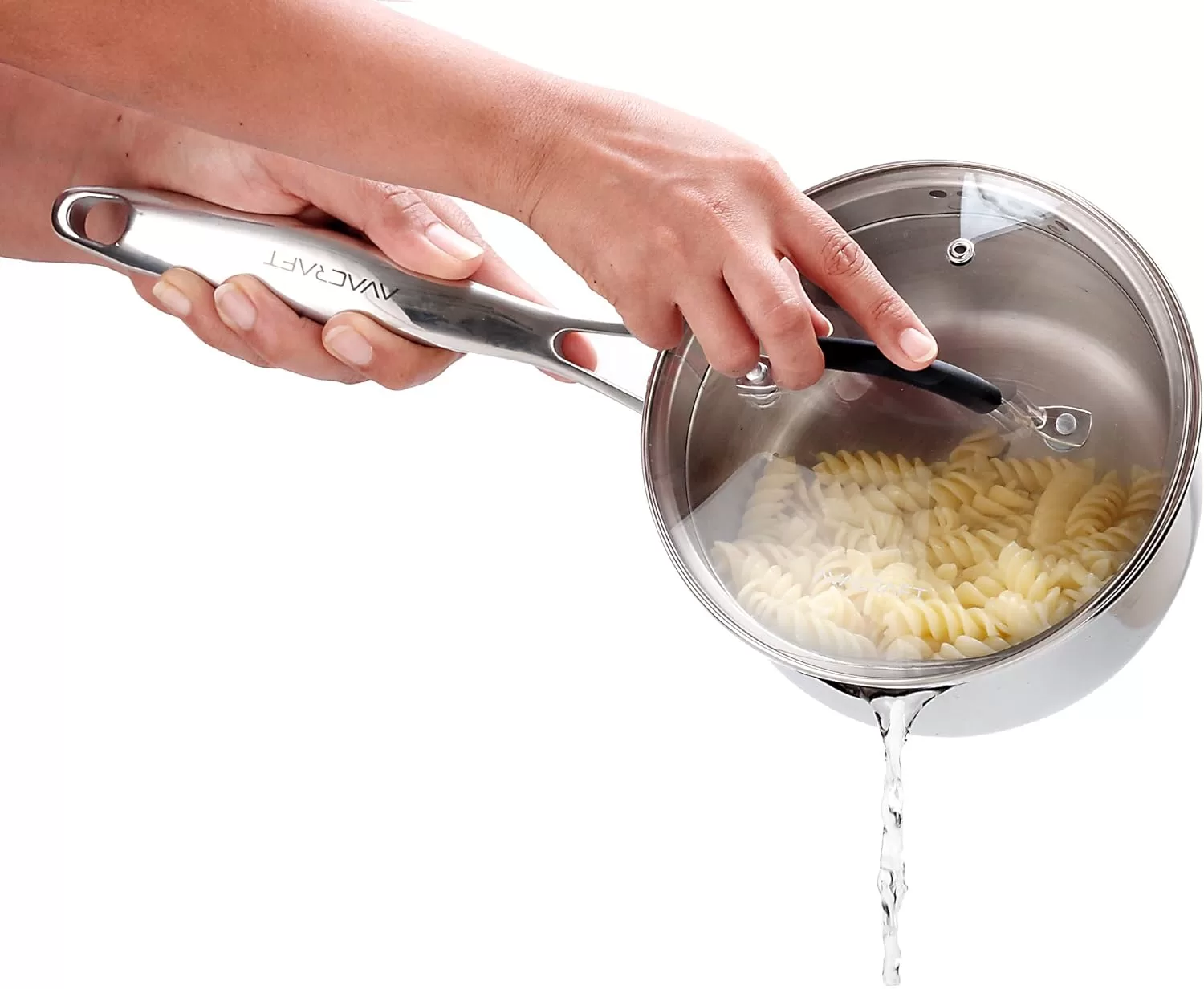 AVACRAFT Stainless Steel Saucepan with Glass Strainer Lid, Two Side Spouts for Easy Pour