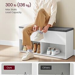 Alternative view of VASAGLE Shoe Bench, Storage Bench with 2 Open and 1 Closed Compartments, White and Gray ULHS021W01