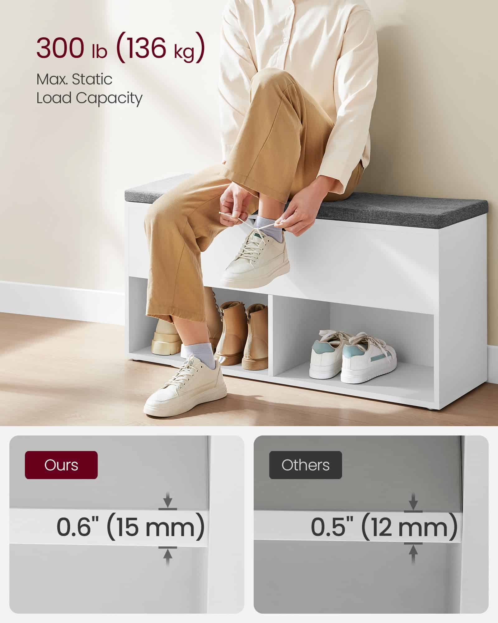 VASAGLE Shoe Bench, Storage Bench with 2 Open and 1 Closed Compartments, White and Gray ULHS021W01 - Image 2