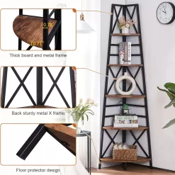 HOMBAZAAR 5-Tier Industrial Corner Bookshelf, Vintage Wood Look Accent, Rustic Brown Finish