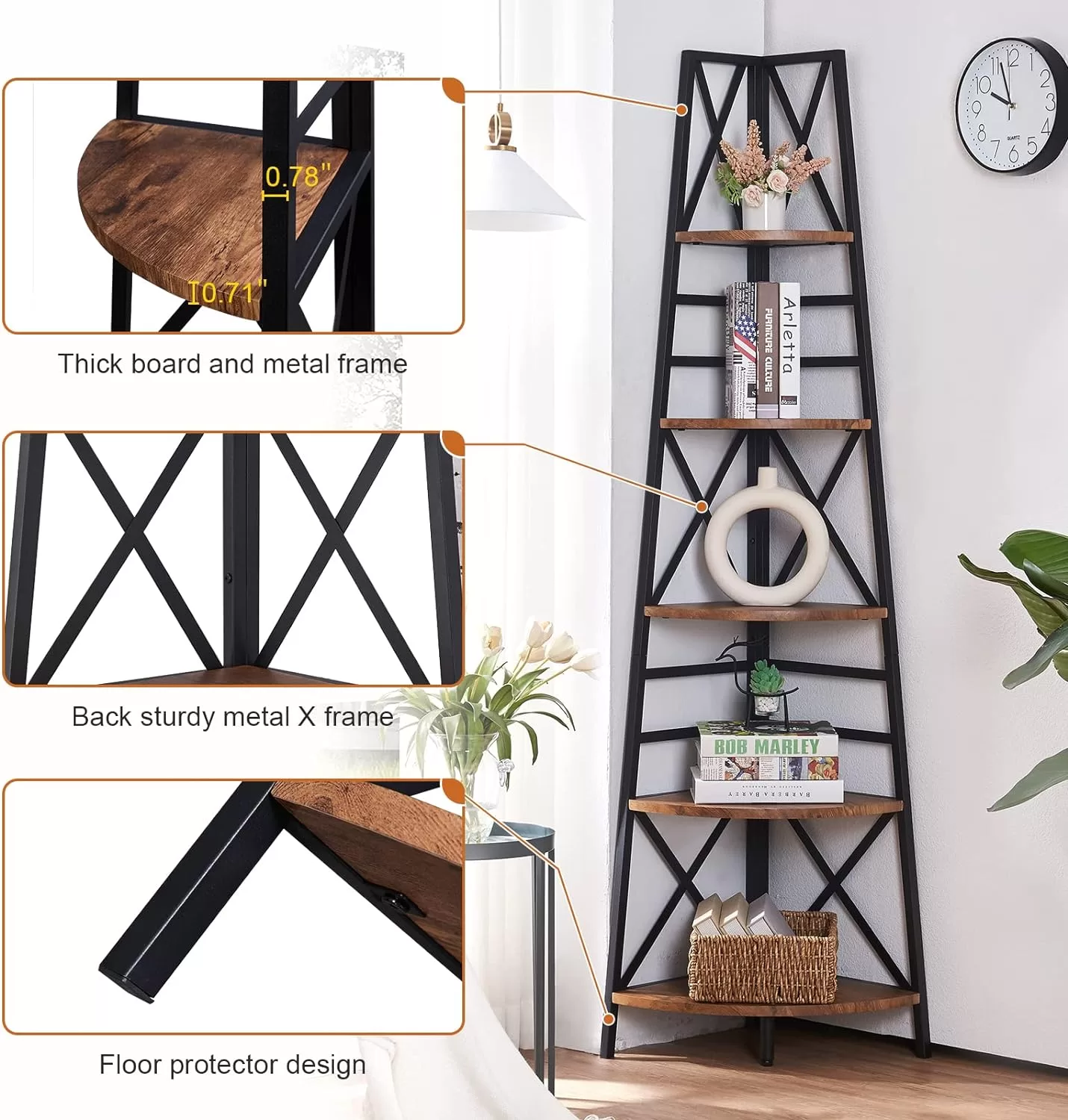 HOMBAZAAR 5-Tier Industrial Corner Bookshelf, Vintage Wood Look Accent, Rustic Brown Finish