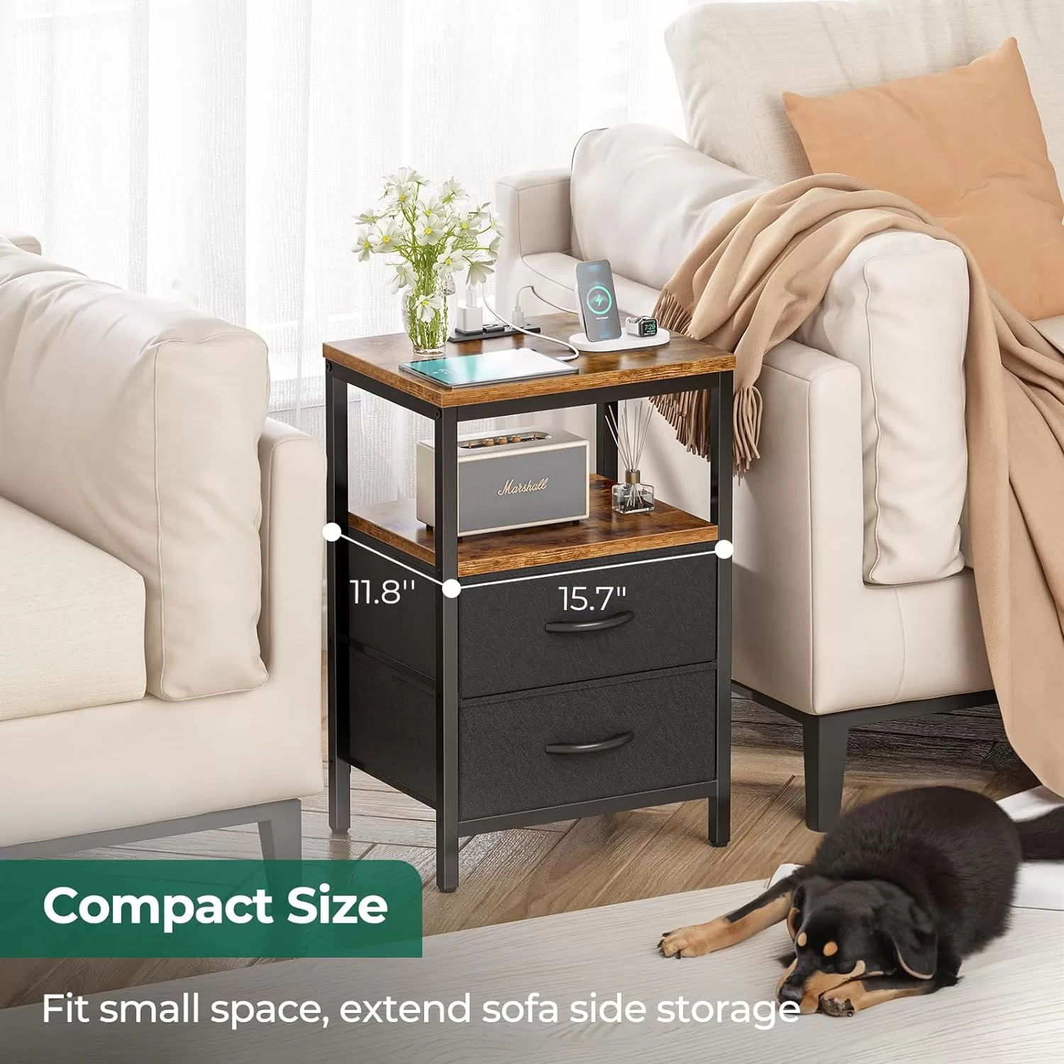 Huuger Nightstand with Charging Station, Side Table with Fabric Drawers, Rustic Brown