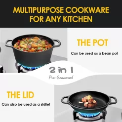 EDGING CASTING 2-in-1 Pre-Seasoned Cast Iron Dutch Oven Pot 5QT