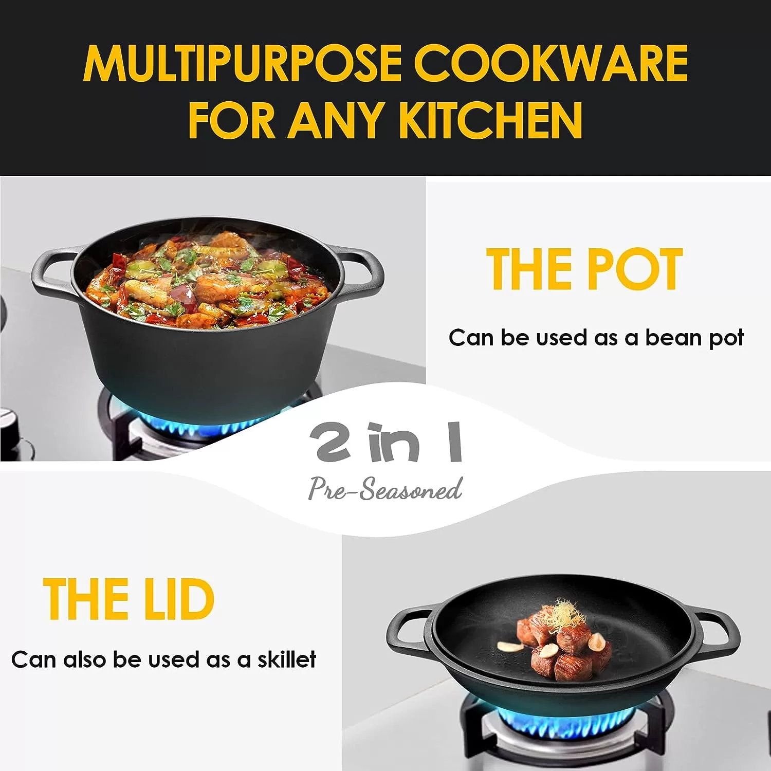 EDGING CASTING 2-in-1 Pre-Seasoned Cast Iron Dutch Oven Pot 5QT