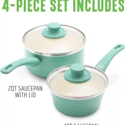GreenLife Soft Grip Healthy Ceramic Nonstick, 1QT and 2QT Saucepan Pot Set with Lids, PFAS-Free, Dishwasher Safe, Turquoise
