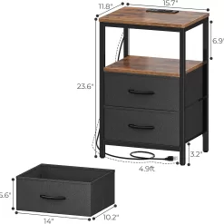 Huuger Nightstand with Charging Station, Side Table with Fabric Drawers, Rustic Brown