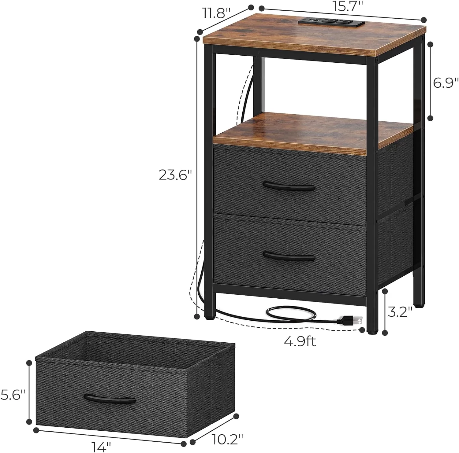 Huuger Nightstand with Charging Station, Side Table with Fabric Drawers, Rustic Brown